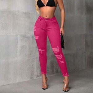 SXY Women's Pocket Detail Distressed Hem Slim Fit Casual Denim Jeans